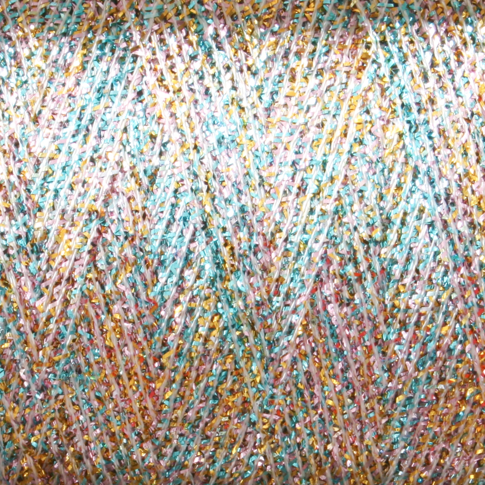 A close-up view of the Astra Glow Metallic yarn spool from Huntingdon Yarn Mill, Inc. reveals interwoven threads in pastel shades of blue, pink, white, and gold. The metallic yarn adds a shimmering effect, creating a vibrant and textured appearance. To maintain the beauty of your creations made with this large cone of yarn, it is recommended to hand wash them gently.