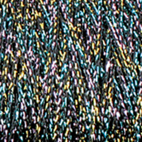 A close-up shot of Plymouth Yarn Co.'s Chainette Metallic Yarn | Mini-cone fibers tightly woven together, creating a textured pattern. The fibers are predominantly black, interspersed with shiny threads of blue, yellow, pink, and silver, giving the fabric a shimmering effect.