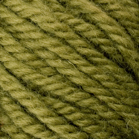 Close-up image of a tightly twisted strand of Halcyon Yarn Classic Rug Wool in a soft, olive green color, showcasing its fibrous texture and fine detail. The Caledonian Dye Works' yarn interlaces diagonally, creating a pattern that emphasizes the twisted strands and fluffy, wool-like material favored by rug weavers.