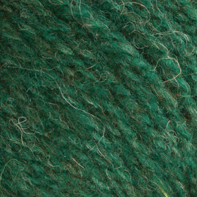 Close-up image of Bartlettyarns Maine Wool Yarn in green, highlighting its fibrous texture and intricately interwoven strands. The slightly fuzzy appearance of this Bartlettyarns product, a worsted weight yarn with individual fibers extending from it, creates a soft and cozy visual impression.