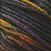 Close-up image of multi-colored yarn, featuring hues of dark green, purple, yellow, orange, and blue. The Malabrigo Rios yarn strands by Malabrigo Yarn are twisted together, creating a textured and vibrant pattern with kettle-dyed colors.