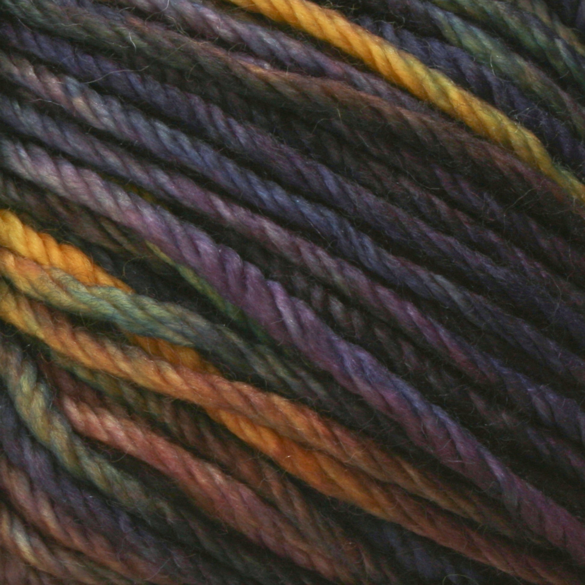 Close-up image of multi-colored yarn, featuring hues of dark green, purple, yellow, orange, and blue. The Malabrigo Rios yarn strands by Malabrigo Yarn are twisted together, creating a textured and vibrant pattern with kettle-dyed colors.