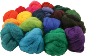 A collection of vibrant wool roving balls arranged in a cluster. The wool, featured in the Ashford NZ Wool Corriedale Fiber Bag by Ashford Handicrafts Limited, comes in a variety of lively shades—red, orange, yellow, green, blue, purple, and black—each ball fluffy and perfect for needle felting or other crafting projects.