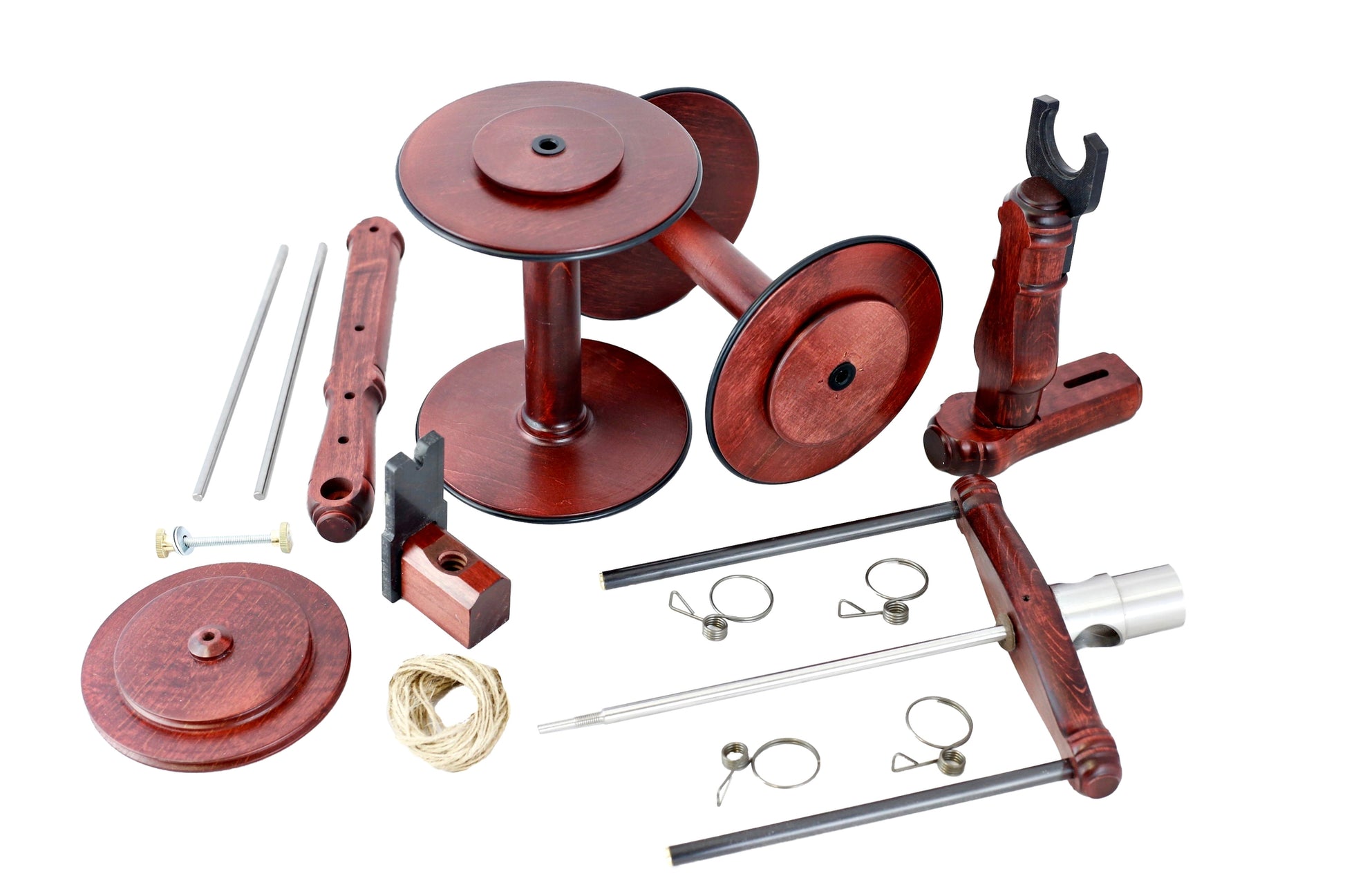 The Kromski Minstrel Wheel Great Flyer Set, by Kromski North America, features an array of wooden and metal components for a spinning wheel. The set includes spindles, rods, hooks, and various other parts, all beautifully arranged on a white background.