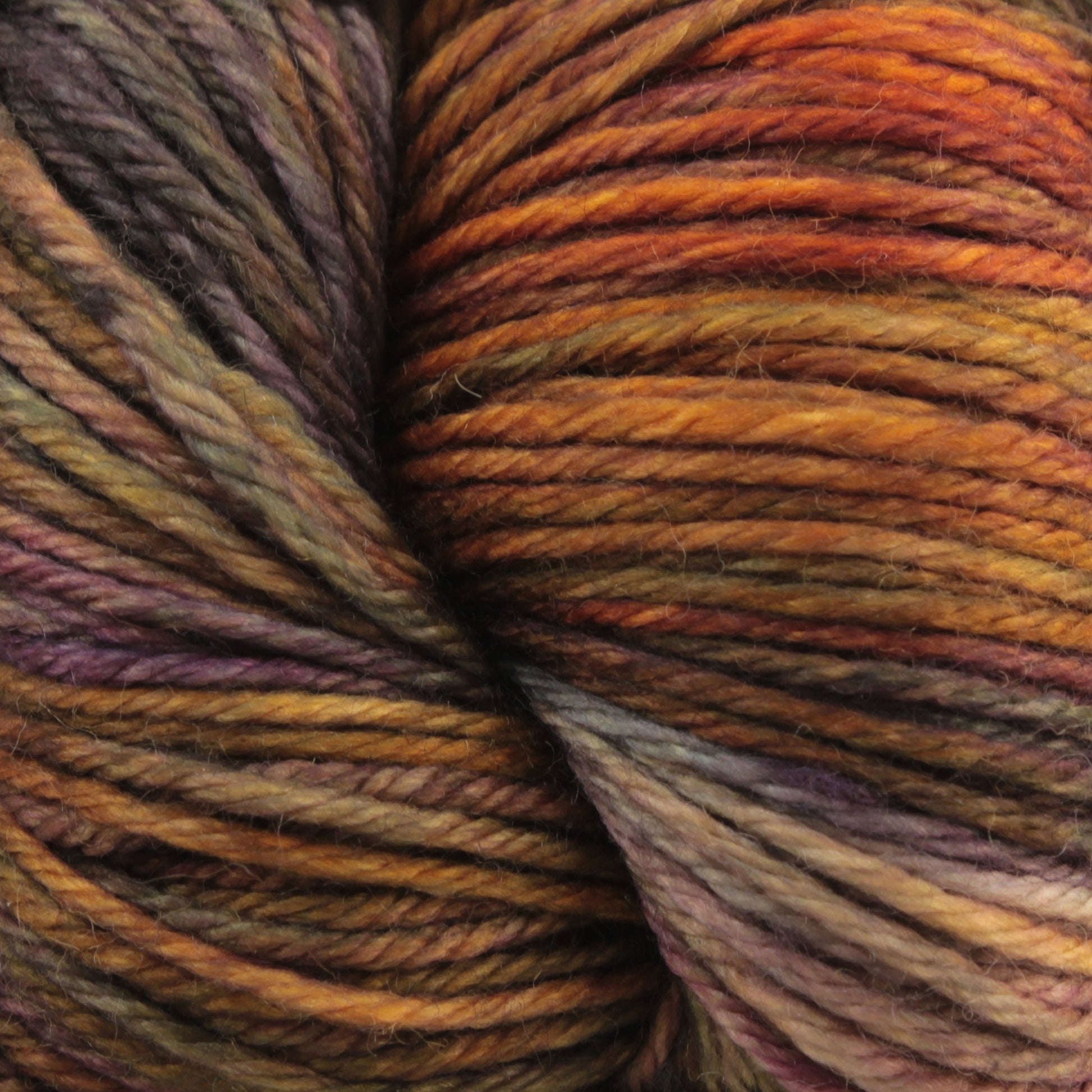 Close-up of Malabrigo Arroyo by Malabrigo Yarn, a sport weight superwash merino wool yarn, with shades of orange, brown, purple, and hints of blue and green, tightly wound in a skein. It showcases a blend of vibrant and earthy tones perfect for lightweight garments.