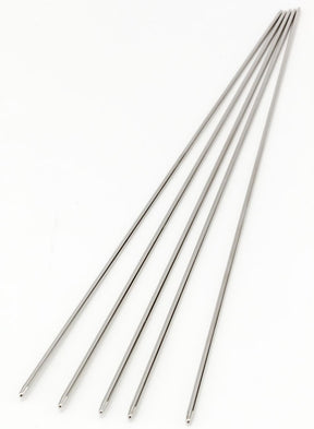 Five Skacel Addi Steel Double Point Knitting Needles, 8 inches long, are arranged in a fanned-out pattern against a plain white background. These sleek and slender metallic needles feature a smooth, shiny surface perfect for delicate lacework or intricate sock knitting.