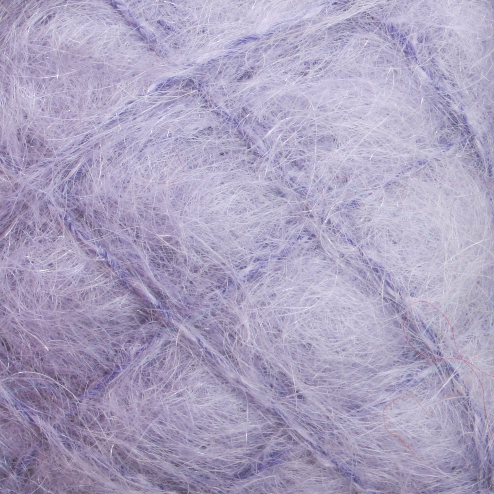 Close-up image of lilac-colored, fuzzy yarn with a soft, airy texture. The fibers are wispy and delicate, with subtle variations in shade, giving the yarn a slightly iridescent appearance. This luxurious Victorian Brushed Mohair Yarn | Mini Skein by Caledonian Dye Works looks fluffy and lightweight, ideal for knitting or crafting.