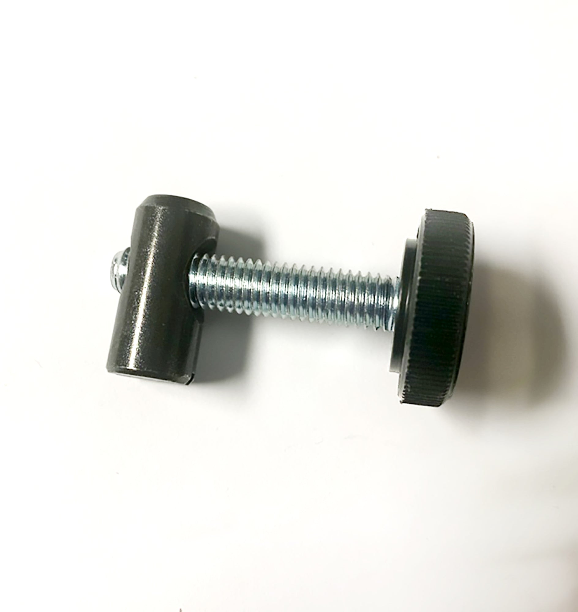 A Louët Hardware for S10 Concept bolt from Louët Inc., featuring a metallic T-shaped design with a threaded rod and knurled knob on one end, lies against a white background. This essential piece of hardware appears to be made of steel with a shiny finish.