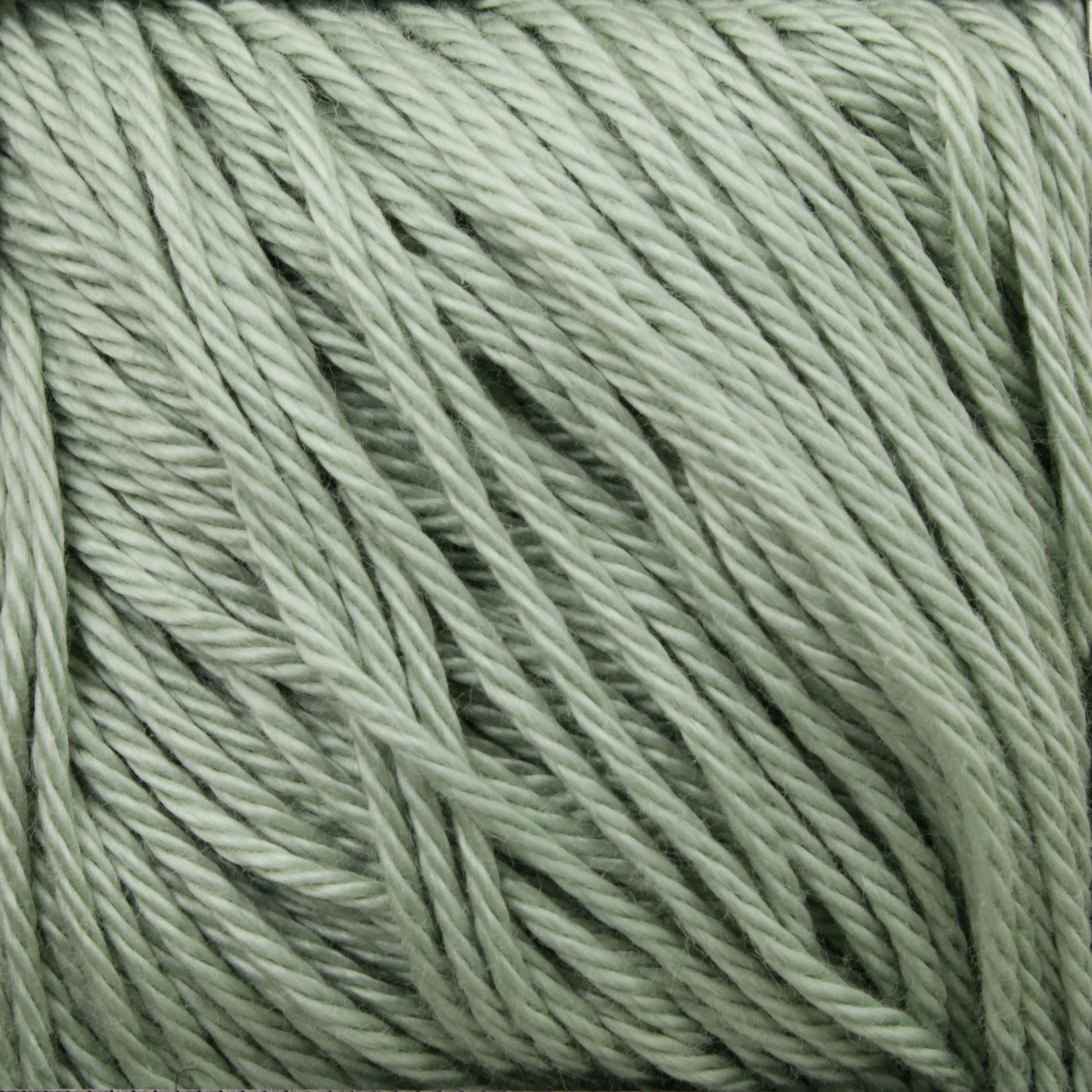 A close-up image of a bundle of Cascade Ultra Pima Cotton Yarn in light sage green by Cascade Yarns. The yarn strands are tightly wound together, showcasing their soft and slightly shiny texture.