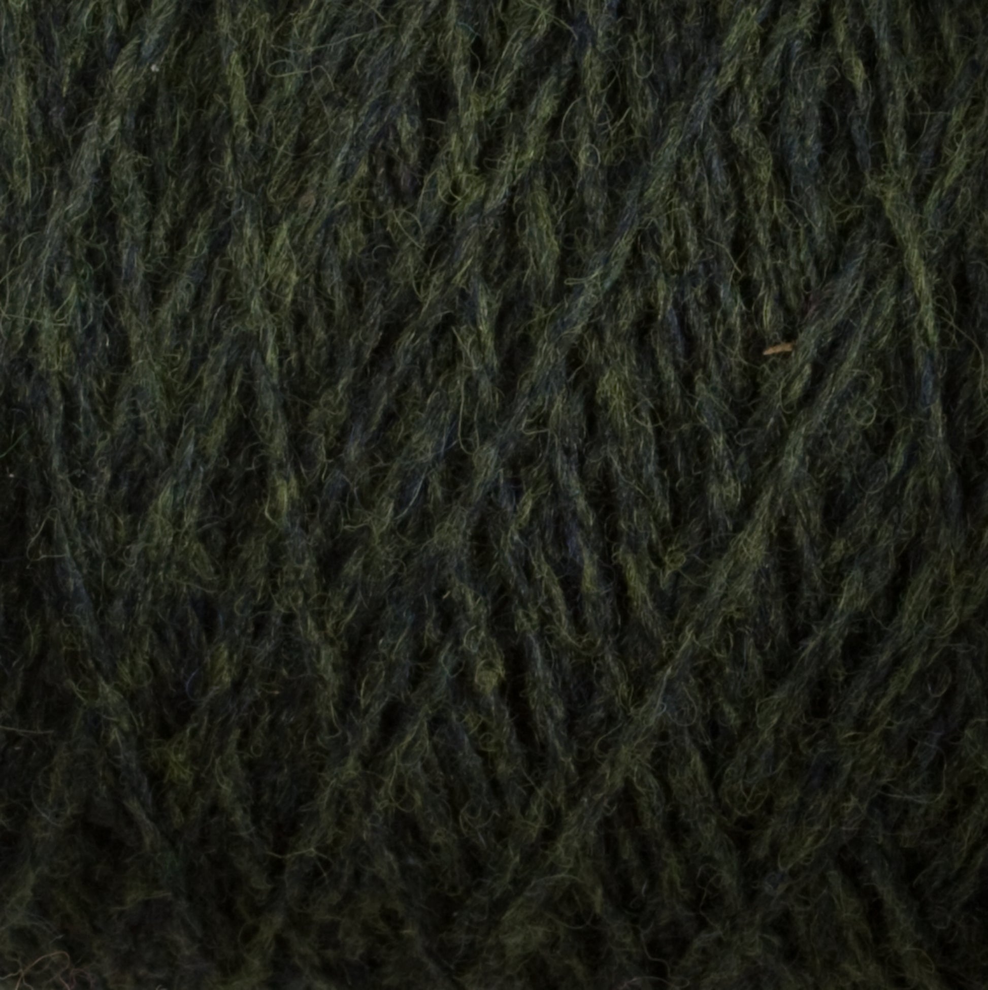 Close-up image of Harrisville Designs' Harrisville Shetland Yarn - Unwashed Cones in dark green, showcasing the textured fibers and strands intertwined in a consistent pattern. The color is rich and deep, with subtle variations in the green tones, creating a natural, earthy appearance perfect for Fair Isle knitting designs.