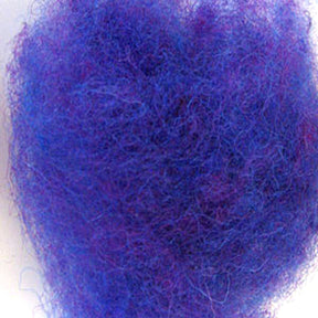 Close-up image of a fluffy, tangled mass of purple fibers, resembling a cloud of finely spun Harrisville Dyed & Carded Wool Fiber from Harrisville Designs. The fibers exhibit varying shades of heathered colors in purple and blue, creating a textured and intricate appearance.