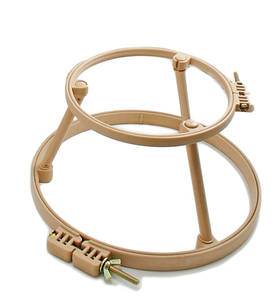 The MQP Distribution Morgan Lap Stand features collapsible and adjustable plastic embroidery hoops that come in a beige color. Designed as a portable lap stand, it includes 10" and 14" hoops connected by three legs. Screws on the hoops allow for size adjustments and secure the fabric firmly.