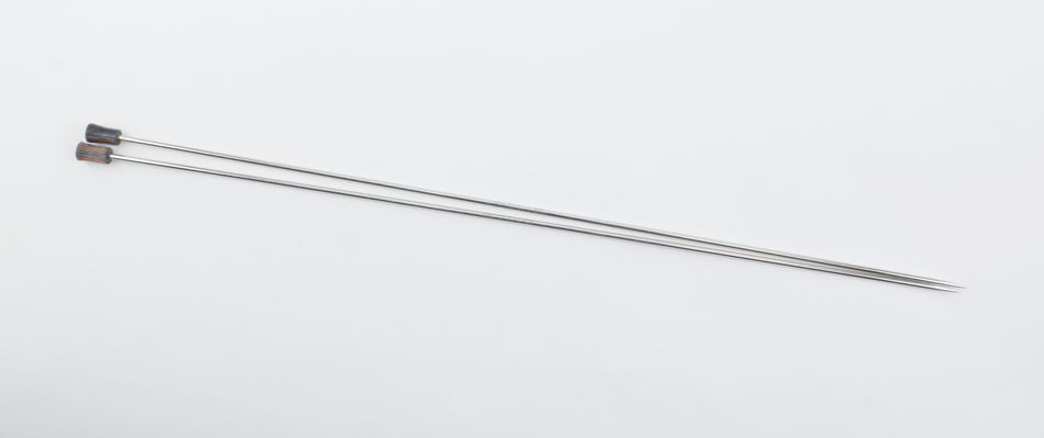 Two long, thin knitting needles with flat, rectangular handles rest parallel to each other on a plain, white background. The needles are smooth and shiny, resembling straight skewers from the Accessories Unlimited Nova Platina Single Point Knitting Needles collection, suggesting they are clean and ready for use.