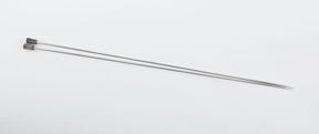 Two long, thin knitting needles with flat, rectangular handles rest parallel to each other on a plain, white background. The needles are smooth and shiny, resembling straight skewers from the Accessories Unlimited Nova Platina Single Point Knitting Needles collection, suggesting they are clean and ready for use.