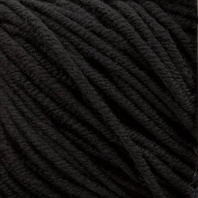 Close-up image of several strands of thick, black Plymouth Select Worsted Merino Superwash yarn twisted together, showcasing the texture and detail of the material from Plymouth Yarn Co. The fibers appear soft and slightly fuzzy, suitable for knitting or crocheting projects. Perfect for those looking to enhance their stitch definition.