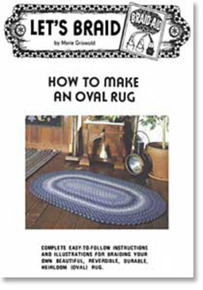 A book cover titled "How to Make a Braided Oval Rug" from BraidAid by Halcyon Yarn, featuring a photo of a traditional-style rug in shades of blue and white placed on a wooden floor. In the top corner, there's a small illustration of the book with text "BraidAid," offering professional tips alongside fabric quantities needed.