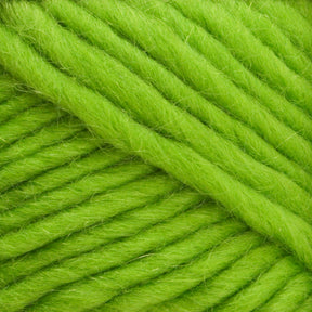 Close-up of a ball of Lamb's Pride Bulky Yarn by Brown Sheep in a vibrant green hue. The yarn appears thick and fuzzy, with visible fibers creating texture. The strands are tightly wound next to each other, displaying a rich and vibrant color ideal for knitters and crocheters crafting cozy projects.