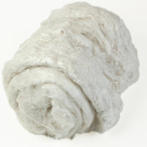 A close-up image of a fluffy, white roll of Demi-Carded Silk Bundles from Indian Silk Shop. The texture appears soft and slightly uneven, giving it a natural, unprocessed look. The fiber is coiled loosely against a plain white background.