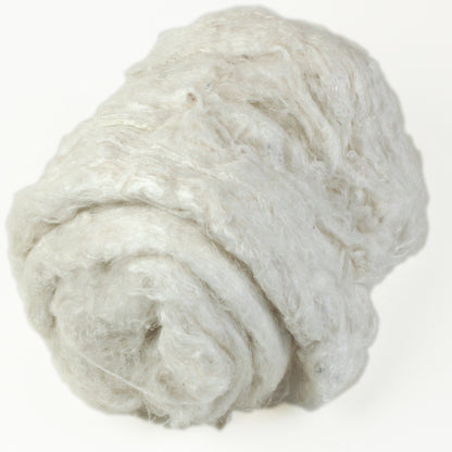 A close-up image of a fluffy, white roll of Demi-Carded Silk Bundles from Indian Silk Shop. The texture appears soft and slightly uneven, giving it a natural, unprocessed look. The fiber is coiled loosely against a plain white background.