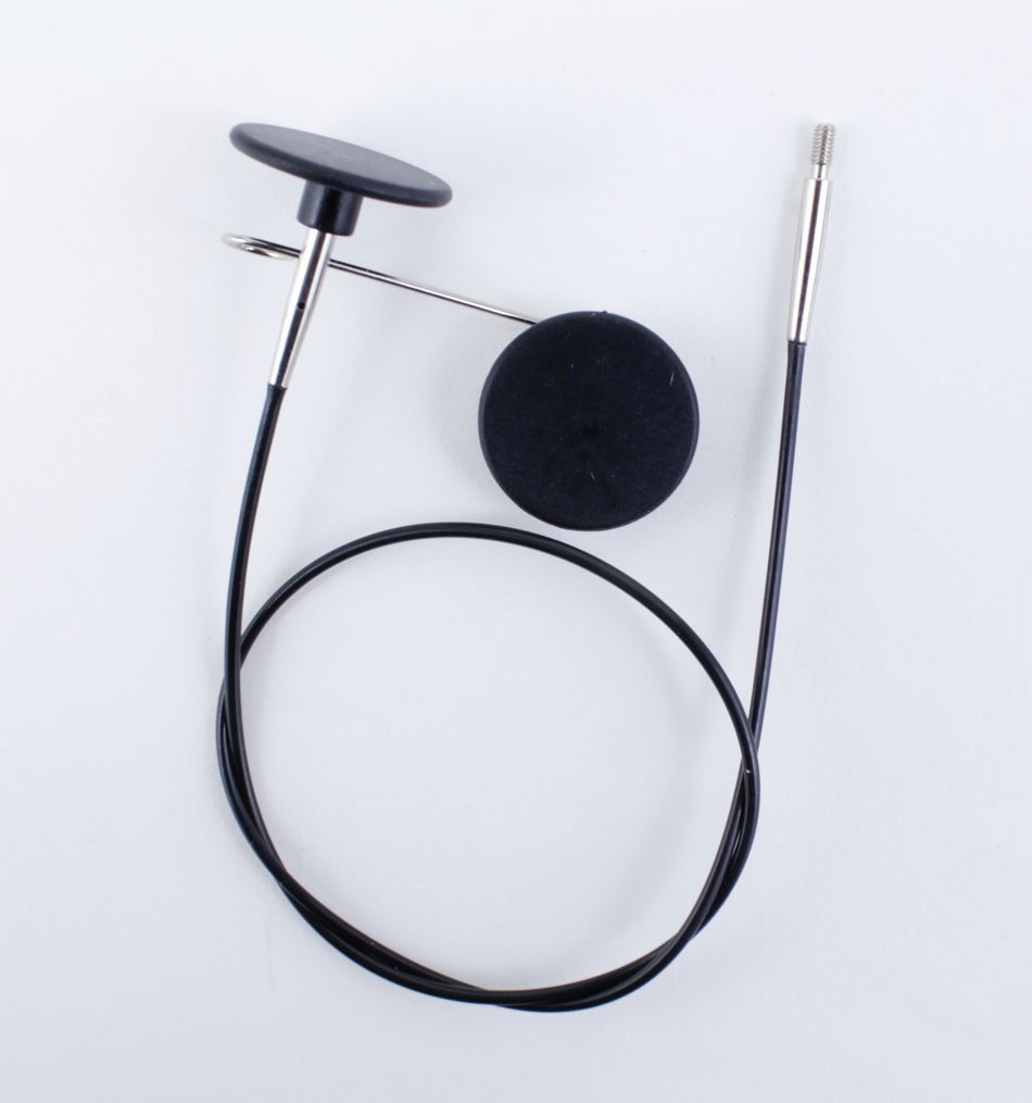 A thermometer probe with a long black cable is coiled neatly on a white background, reminiscent of Accessories Unlimited's Interchangeable Circular Needle Cord for Dreamz and Nova. The probe features a metal tip and an attached circular black sensor.