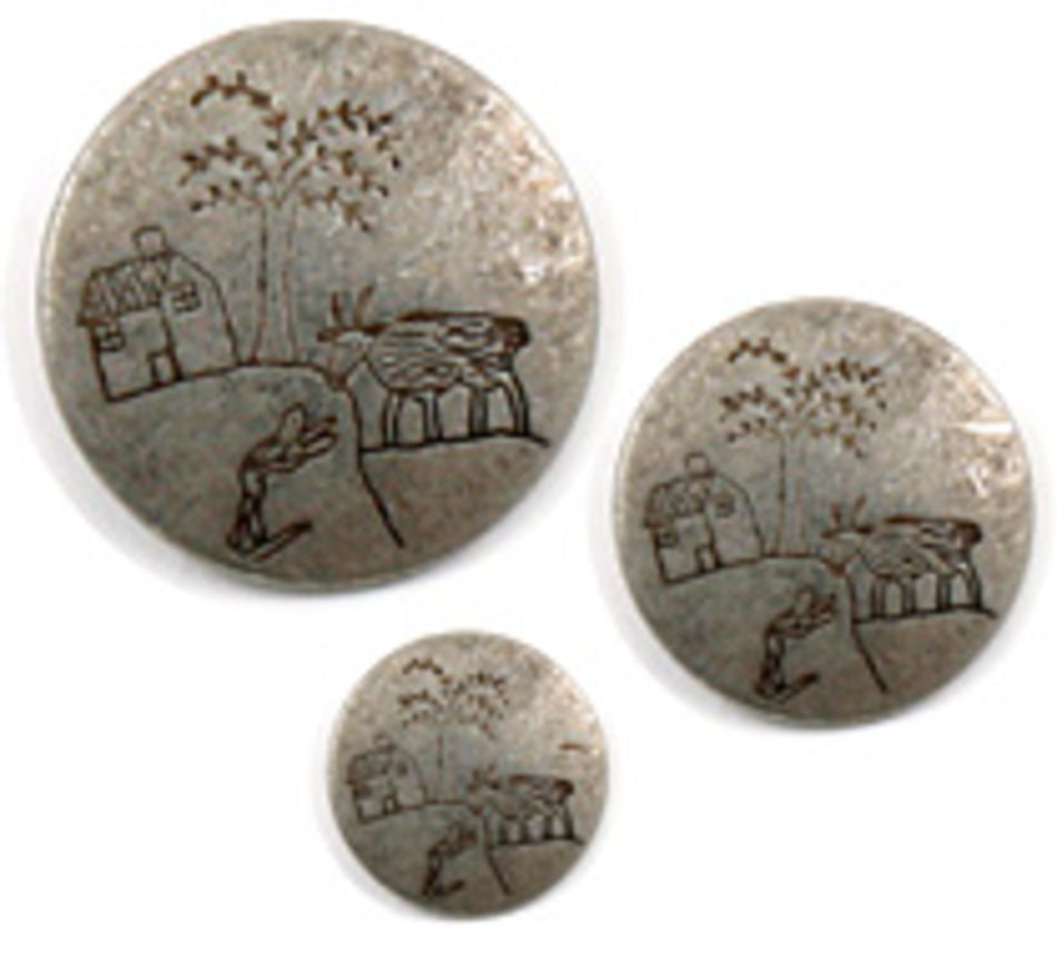 The Tin House/Tree/Goat Buttons by Dill Buttons of America, Inc., are a set of three antique-inspired circular silver tokens in varying sizes. Each button features detailed inscriptions showing a house, people, and trees. They can be playfully arranged with the largest at the top and the smallest at the bottom, reminiscent of charming buttons on a delicate garment.