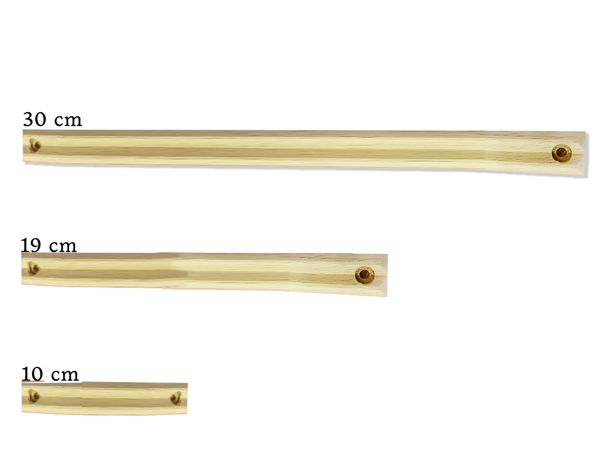 Image of three Louët Wooden bar drum carders by Louët Inc. of different lengths on a white background. The longest carder measures 30 cm, the middle one is 19 cm, and the shortest one is 10 cm. Each carder has two screws for attachment, making them an important piece for precision tasks.