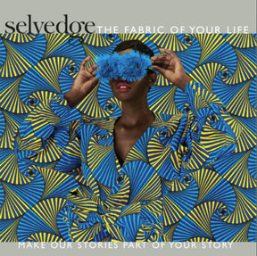 A person poses against a vibrant, patterned background, dressed in an outfit featuring a blue and yellow spiral design. They hold two fluffy blue accessories near their eyes. Text on the image reads, "Selvedge: The Fabric of Your Life," and "Make Our Stories Part of Your Story." Discover more in Selvedge - Issue 105: Check & Stripe by Selvedge Magazine.
