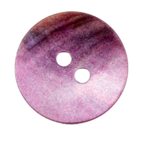 The Natural Pearl Shell Buttons by Dill Buttons of America, Inc. are round buttons with two holes, showcasing a smooth gradient of colors that blend from light pink to dark purple. These buttons have a polished and shiny surface with a slightly textured appearance reminiscent of Mother-Of-Pearl buttons, making them versatile for various garments.