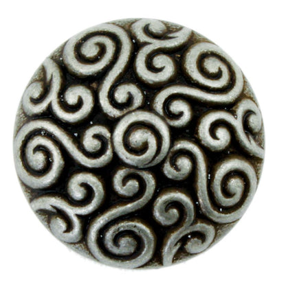 The Metal Antique Dome Button by Dill Buttons of America, Inc. showcases a round, metallic finish with an intricate swirl design featuring raised spirals and swirls. This antiqued dome button has a textured, antique appearance that adds a touch of vintage elegance.