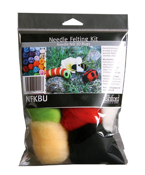 A packaged needle felting kit labeled "Ashford Needle Felting Kit" by Ashford Handicrafts Limited. The kit includes various colors of wool roving, including green, red, black, yellow, and white, with an image of felted bug figures on the front.