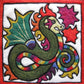 The Needle Felting Tapestry Kit by The Felting Studio features a vividly colored, stylized dragon with a serpentine body coiled within a square red border. Reminiscent of wool tapestry art, the dragon boasts green, red, and yellow hues with colorful stripes. Its spiky green wings are complemented by three red stars in the mostly white background.