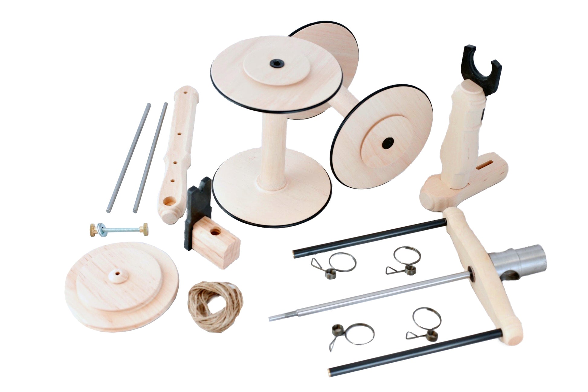 The Kromski Minstrel Wheel Great Flyer Set by Kromski North America is a wooden mechanical assembly kit featuring an array of components, including spools, rods, a handle, clamps, rope, screws, and other parts. These pieces are neatly arranged on a white background and appear to be for constructing a functional wooden device or tool.