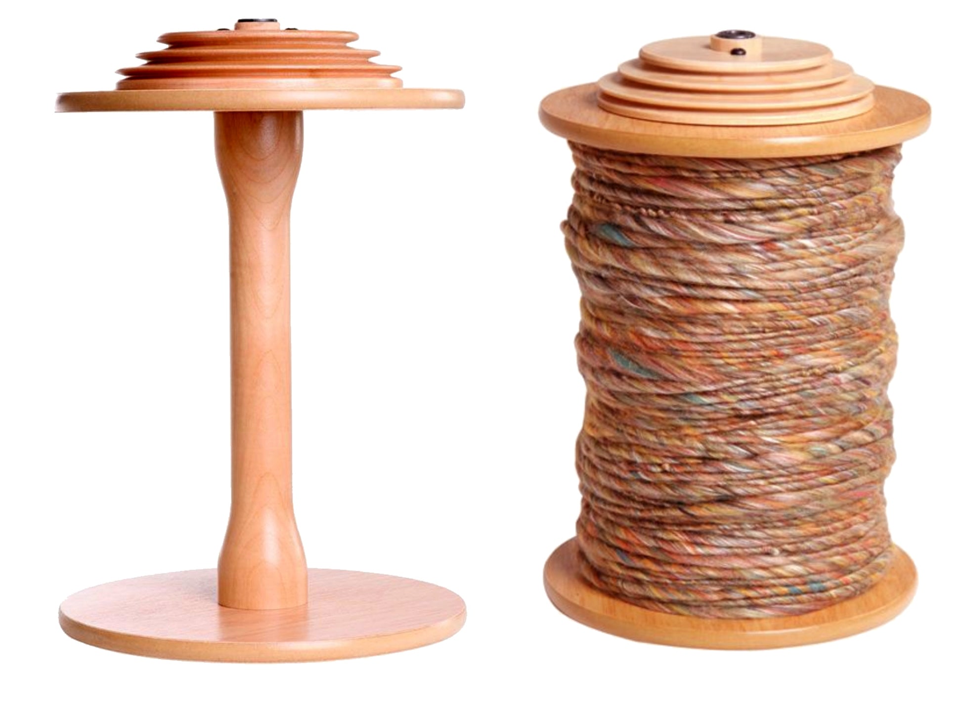 Two Ashford Bobbins for Country Spinner by Ashford Handicrafts Limited are shown: one is empty, displaying its smooth wooden structure with a vertical rod connecting two round bases, and the other is filled with multicolored yarn tightly wound around its rod.