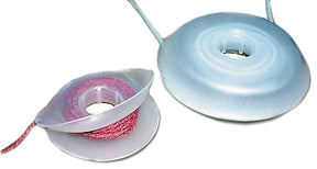 Two EZ Bobs Flip-top Intarsia Bobbins by Bryson Distributing, Inc. sit side by side. The one on the left holds a spool of pink thread and features an opening for dispensing it. The one on the right is larger, with a similar design but no visible thread.