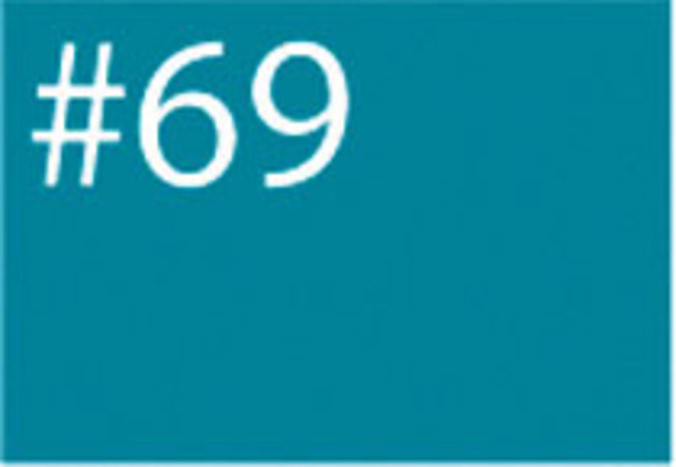 A teal-colored rectangular image featuring the white text '#69' in the top left corner, reminiscent of the vibrant hues produced by Jacquard Products' Procion Dye for cellulose and silk.