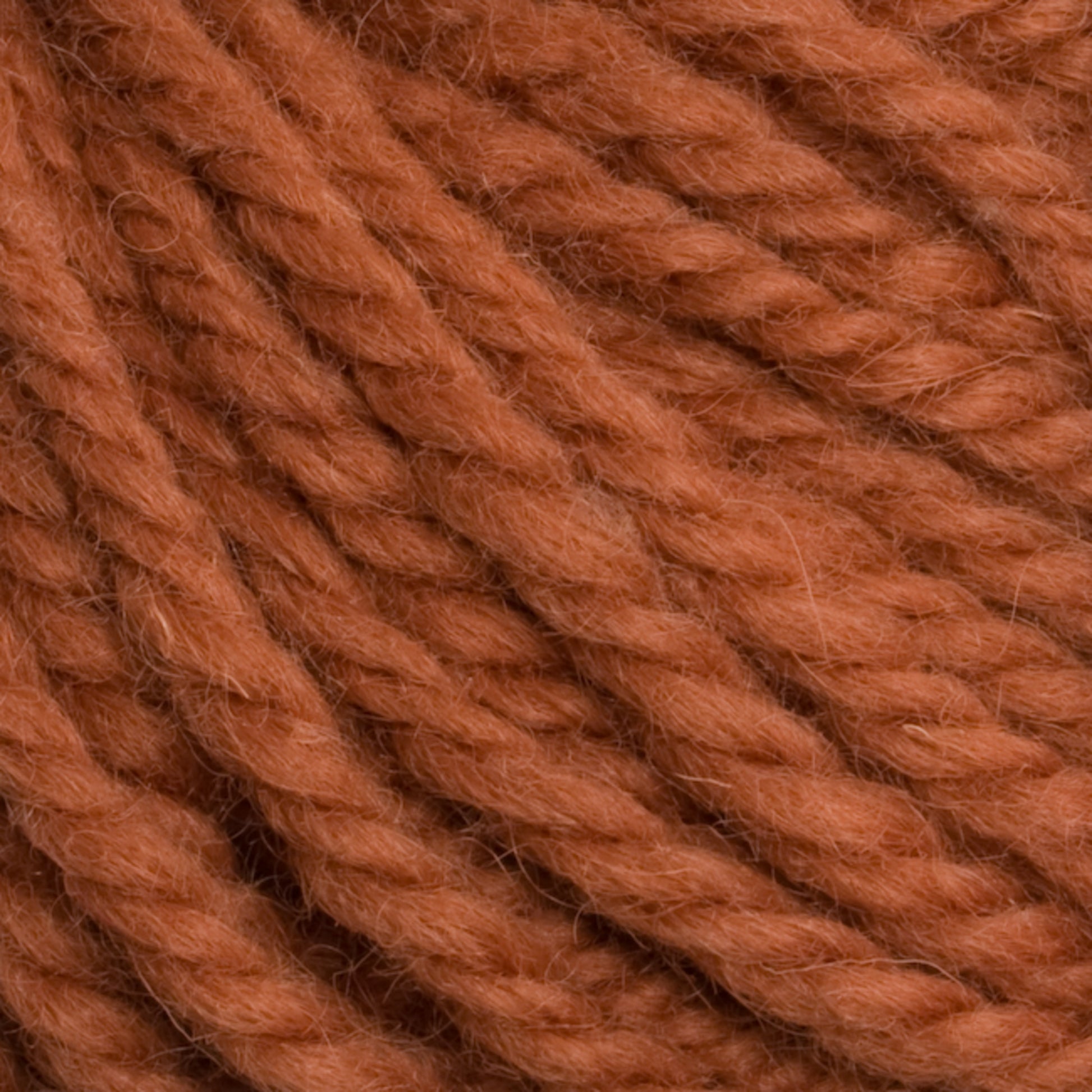 Close-up of several strands of thick, orange-brown Halcyon Yarn Classic Rug Wool from Caledonian Dye Works woven together. The texture of the hand-dyed yarn is soft and slightly fuzzy, with visible fibers and a consistent twist pattern throughout the strands.