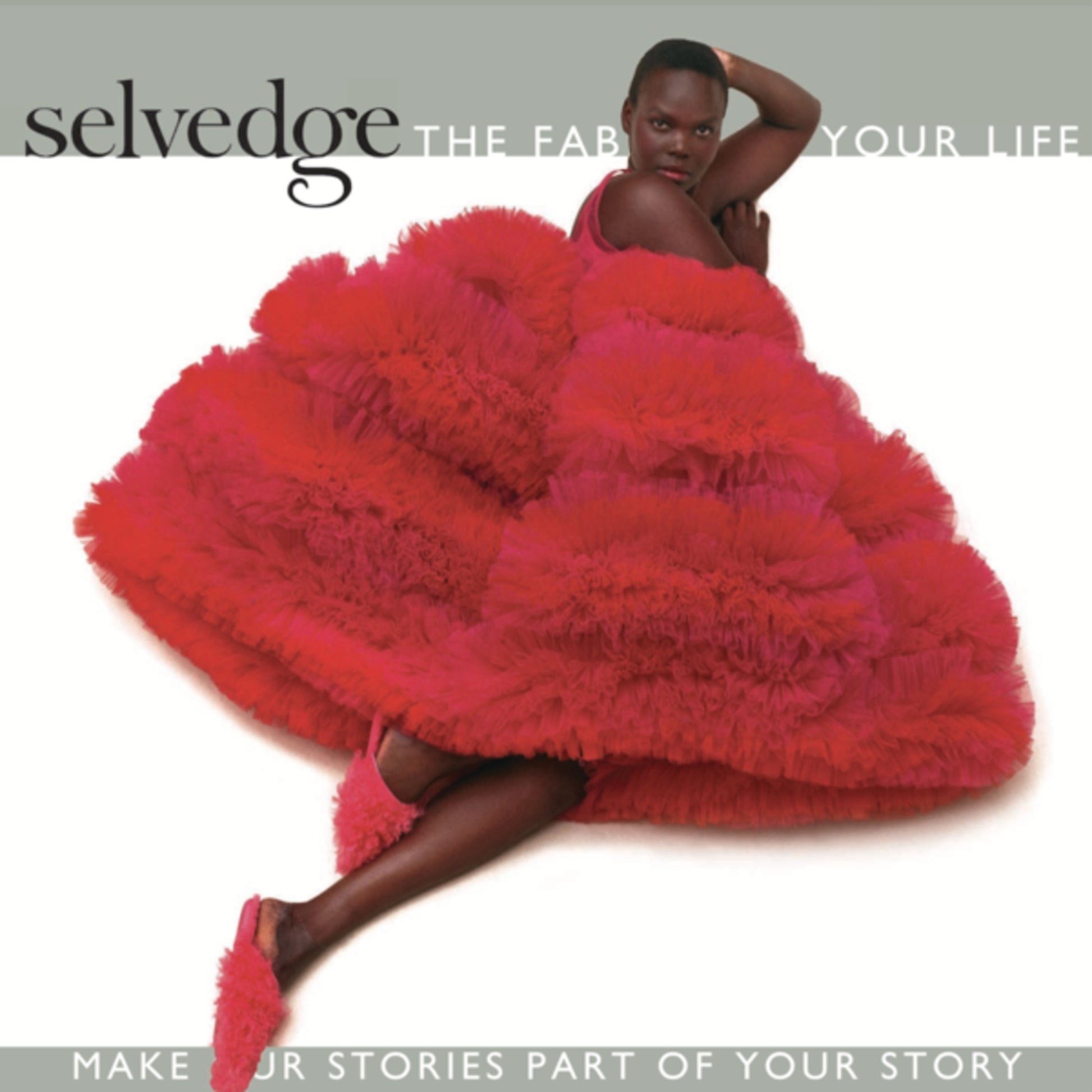 A glamorous woman poses on the cover of Selvedge's Issue 103: Showstopper, wearing a voluminous, textured red dress adorned with subtle sequins. She is seated with one arm raised behind her head and the other resting on the ground. The magazine features the tagline “Make Your Stories Part of Your Story.”