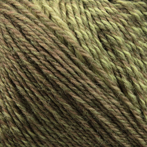 Close-up of a ball of Knitting Fever Painted Desert Yarn in various shades of green and brown, with fibers intertwined and textured to create a rich, earthy appearance. This super fine weight yarn from Knitting Fever / Euro Yarns has a soft and slightly fuzzy texture with long color changes, making it ideal for knitting lightweight accessories.