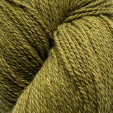 Close-up view of a skein of green yarn, showcasing its soft and fluffy texture. The strands are tightly wound together, highlighting the fine fibers and smooth consistency of this GOTS certified Patagonia Organic Merino by Juniper Moon Farm from Knitting Fever / Euro Yarns.