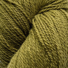 Close-up view of a skein of green yarn, showcasing its soft and fluffy texture. The strands are tightly wound together, highlighting the fine fibers and smooth consistency of this GOTS certified Patagonia Organic Merino by Juniper Moon Farm from Knitting Fever / Euro Yarns.