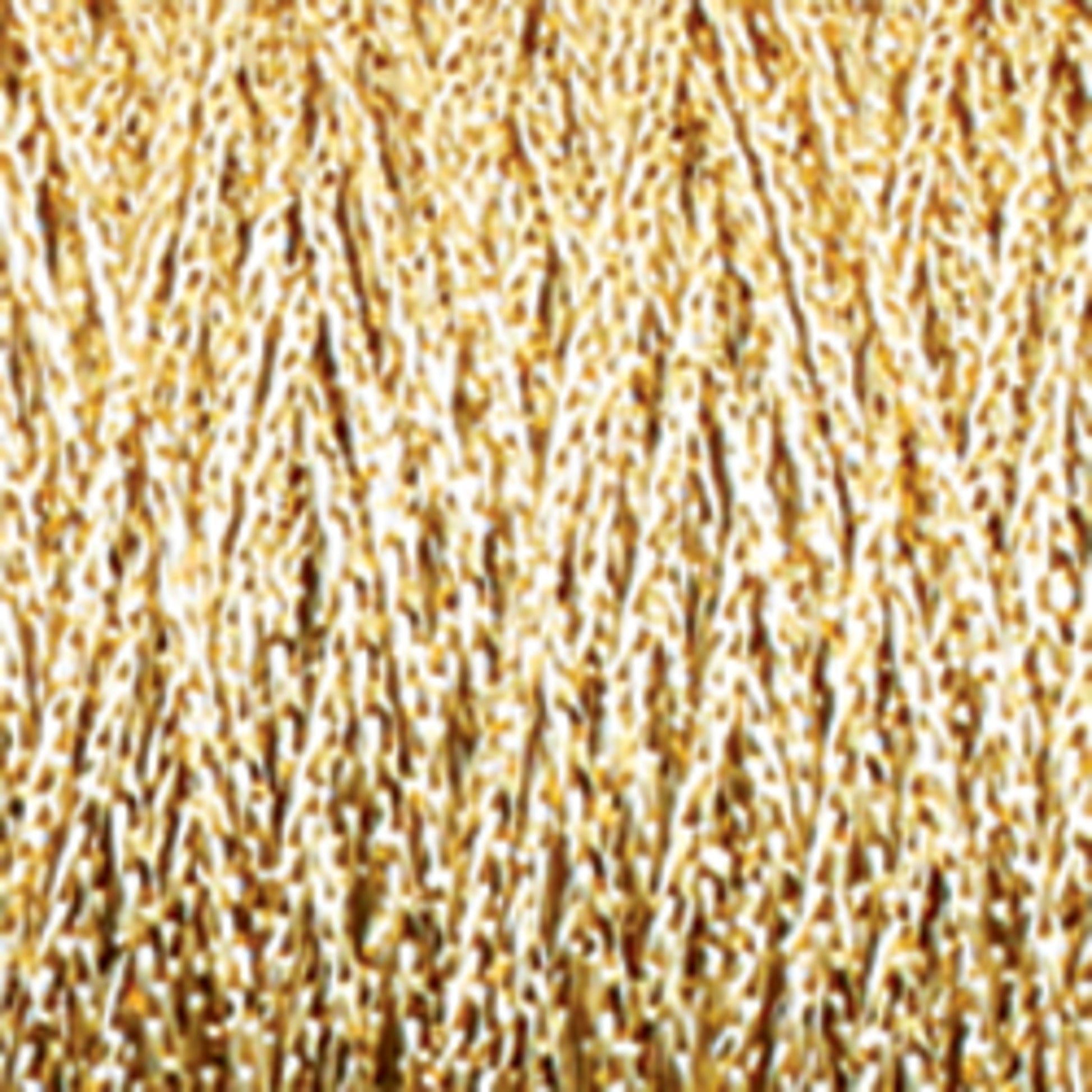 Close-up of intertwined, golden Chainette Metallic Yarn from Plymouth Yarn Co., forming a dense, textured surface. The threads create a woven pattern reminiscent of chainette yarn with a bright, reflective finish, giving the material a shimmering and intricate appearance.