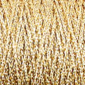 Close-up of intertwined, golden Chainette Metallic Yarn from Plymouth Yarn Co., forming a dense, textured surface. The threads create a woven pattern reminiscent of chainette yarn with a bright, reflective finish, giving the material a shimmering and intricate appearance.