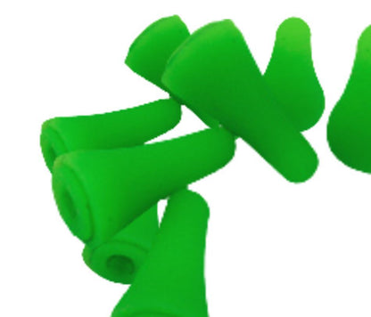 A close-up image of several bright green Needle Tip Protectors from Bryson Distributing, Inc., arranged in a random pile against a plain white background. The protectors are conical in shape, and their smooth, flexible silicone material is clearly visible, reminiscent of tiny knitting tools that could fit snugly between needle sizes.