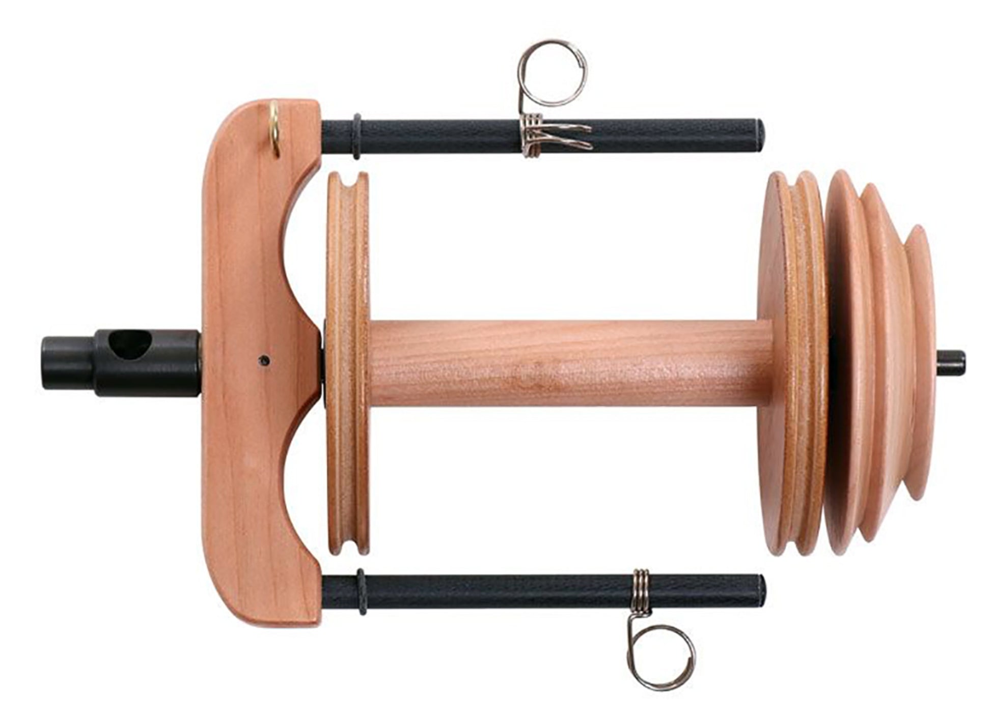 The Ashford Sliding Hook Flyer for Kiwi Wheel by Ashford Handicrafts Limited boasts a sturdy wooden design complete with two metal hooks on each side and yarn guide loops. This device features a central wooden bobbin, a wooden tensioner, and three distinctively-sized wooden whorls.