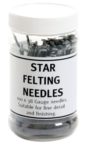 A clear plastic jar with a white lid labeled "Ashford 38 Gauge Star Barb Felting Needles" by Ashford Handicrafts Limited. The label also mentions, "100 x 38 Gauge needles, Suitable for fine detail and finishing." The jar is filled with silver-colored felting needles.