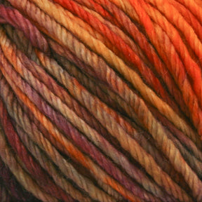 Close-up of a ball of multicolored Malabrigo Rios yarn in warm hues, including orange, red, yellow, and brown, with thick, twisted strands creating a textured pattern that showcases its kettle-dyed colors.