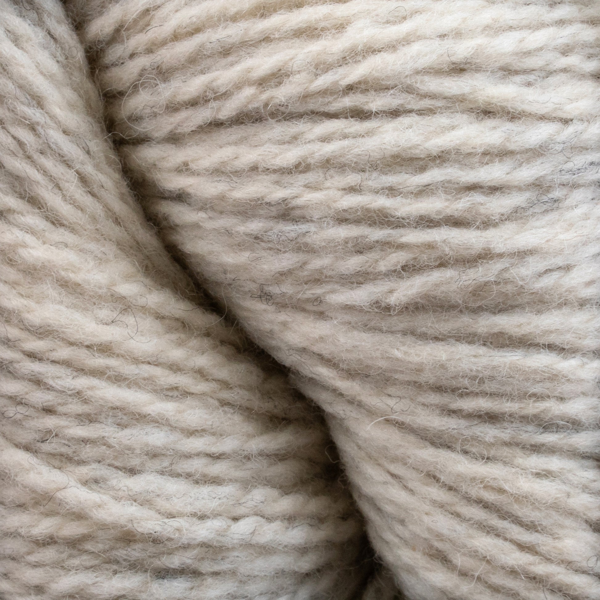 Close-up of a textured pile of off-white, slightly twisted yarn strands made from Patagonia Organic Merino by Juniper Moon Farm. The yarn appears soft and slightly fuzzy, with a subtle blend of light grey tones throughout. The image highlights the fiber's thickness and natural, cozy appearance, perfect for GOTS certified projects by Knitting Fever / Euro Yarns.