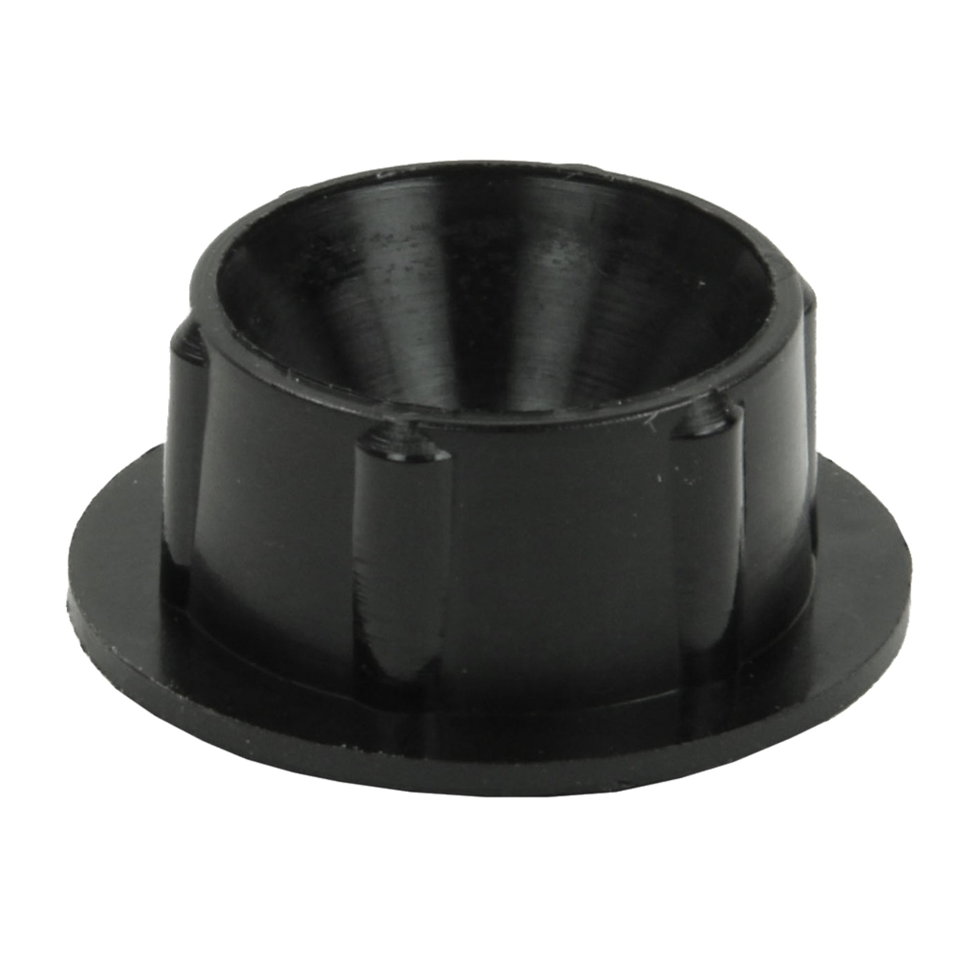 The Louët Bobbin End Caps, by Louët Inc., are black, cylindrical plastic components with a wider, flat base and slightly tapered walls. The sides are adorned with evenly spaced ridges or indentations around the circumference. These end caps appear suitable for use as bobbin bearings in Louët wheels or spinning wheel bobbins in mechanical assemblies.