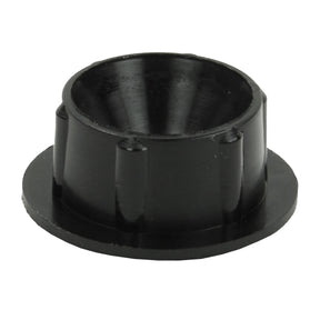 The Louët Bobbin End Caps, by Louët Inc., are black, cylindrical plastic components with a wider, flat base and slightly tapered walls. The sides are adorned with evenly spaced ridges or indentations around the circumference. These end caps appear suitable for use as bobbin bearings in Louët wheels or spinning wheel bobbins in mechanical assemblies.