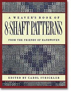 The image displays the cover of "A Weaver's Book of 8-Shaft Patterns," a title from Ingram Content. Edited by Carol Strickler, the cover sports a red border and prominently features an intricate woven pattern design at its center, highlighting complex multi-harness weaving patterns.